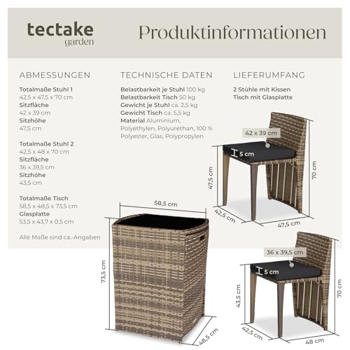 tectake® Poly Rattan Bistroset mit Aluminium Gestell, platzsparend zusammenschiebbar, Gartenmöbel Set mit 2 Stühlen und Tisch… – Ansicht 6