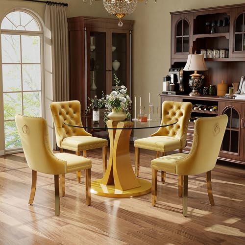 Image of 5-Piece Dining Table Set with 39In Tempered Glass Table and 4 Velvet Upholstered Chairs, Modern Scandinavian Furniture for Dining Room Kitchen(Yellow&Gold)