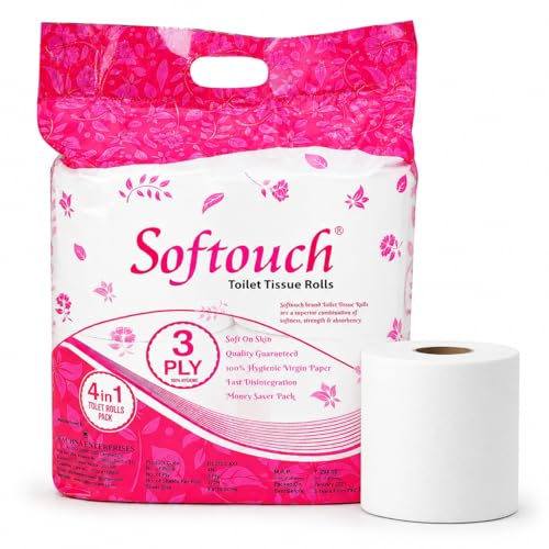 Image of Softouch 3 Ply Toilet Tissue Roll | Soft & Highly Absorbent | 375 Sheets Per Roll | 4 Rolls | Bathroom Tissue