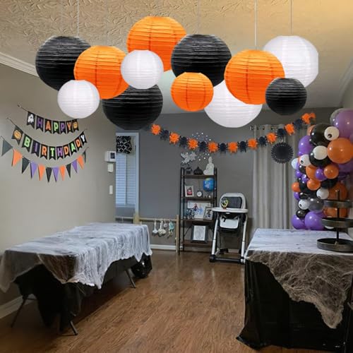 Image of Orange Black White Paper Lanterns Decorative 12pcs Halloween Hanging Decorations for Graduation Thanksgiving Birthday Party Decorations