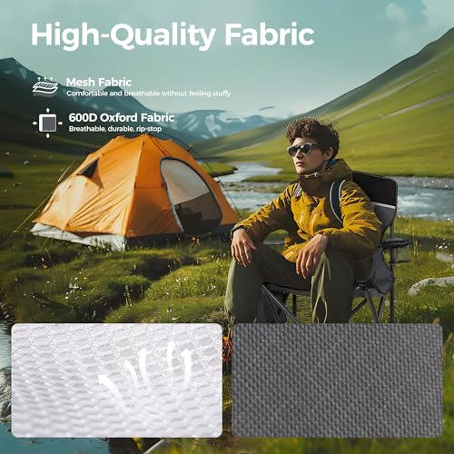 ALPHA CAMP 2PC Oversized Mesh Back Camping Folding Chair Heavy Duty Support 350 LBS Collapsible Steel Frame Quad Chair Padded Arm Chair with Cup Holder Portable for Outdoor (Black-2PC)