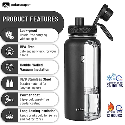 Polarscape Stainless Steel Insulated Water Bottle with Straw, Metal Water Bottle, Includes 3 Lids, 2 Straws, and Straw Brush - Image 4