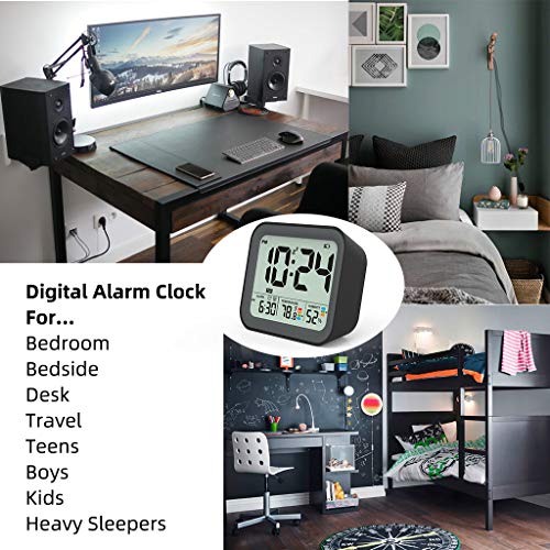Battery Operated Digital Alarm Clock, Dual Smart Alarm with Workdays/Weekends Setting, Loud Alarm, Snooze, Small Travel Clock with Indoor Thermometer/Hygrometer, Dimmable LED Backlight, Handheld Size - Thumbnail 7