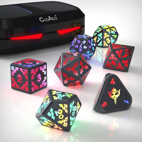 CooAoo Light Up DND Dice Set, Wireless Rechargeable Glowing Dice with Charging Box, 7 PCS Electronic...