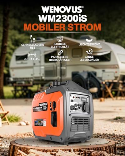 Wenovus Superleise Tragbarer 1900W 4 Takt mit 230V Steckdose und USB Inverter Stromerzeuger Benzin Stromgenerator Notstromaggregat für Backup Bei Stromausfällen für Camping Wohnwagen Wohnmobil Garage