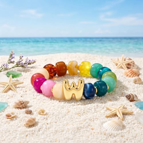 Mallevovo Bubble Initial W Chunky Beaded Bracelets for Women Trendy Statement Big Colorful Resin Bead Stretch Bracelet Summer Beach Beachy Boho Hand Letter Jewelry Charm Cute Gifts Stuff by Mallevovo - Used condition - Image 5