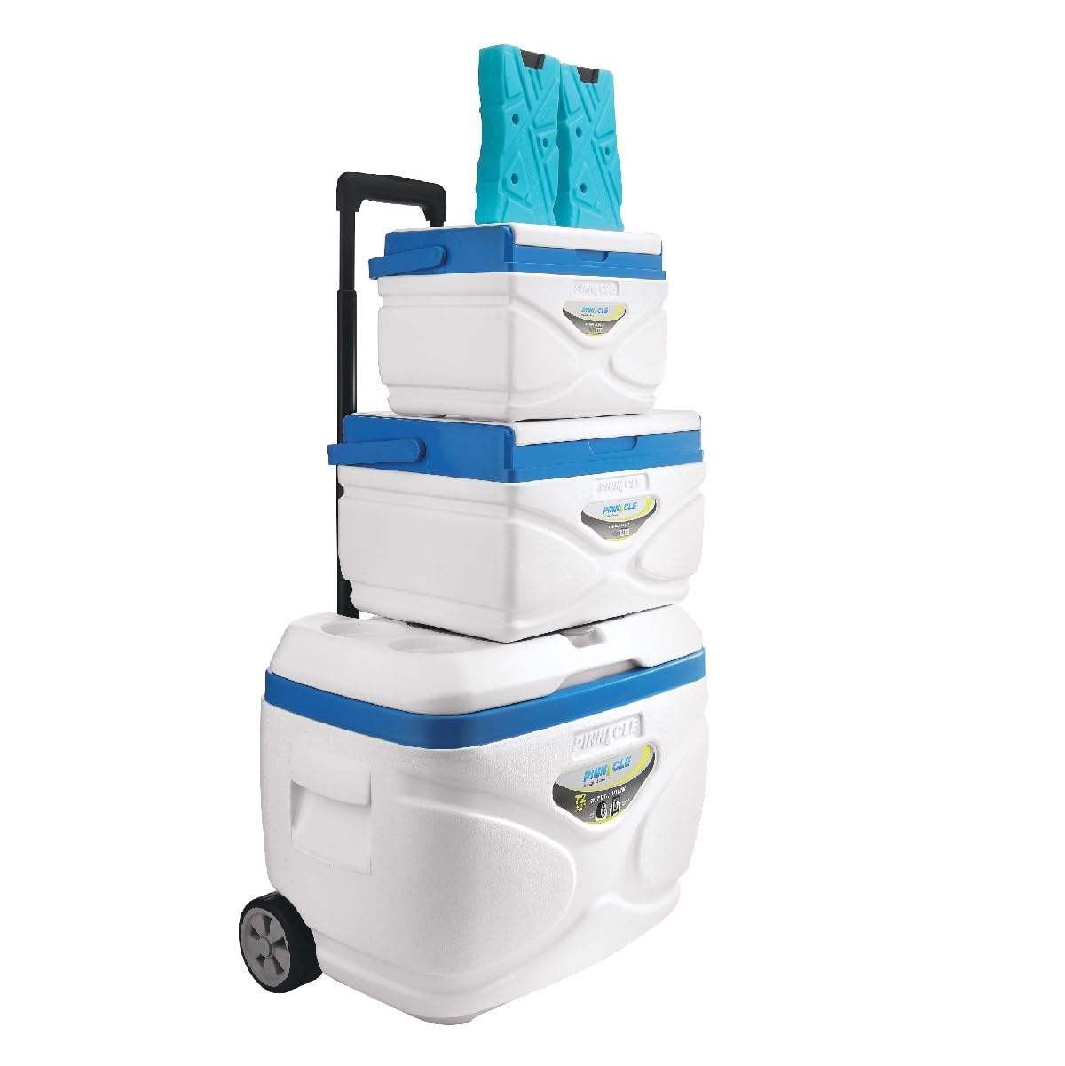 Pinnacle Cooler with Wheels – Practical Set of 66L Cooler with Wheels and Handle – Includes 30L 11L and 4.5L Camping Coolers and 2 Ice Bricks – Cup Holder and Sitting Lid – Extended Cooling Time
