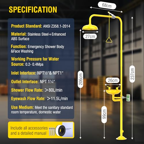 Image of Emergency Shower Eye Wash Station, OSHA Approved Eyewash Station with Shower, First Aid Shower Combination Kit, Industrial Grade with Emergency Sign, 304 Stainless Steel Yellow ABS Coating