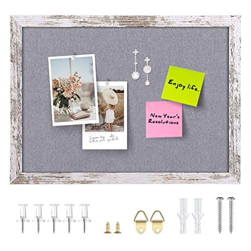Aitakatta Gray Felt Bulletin Board, 14.2x10.2 inches Decorative Hanging Bulletin Boards for Walls with White Rustic Wood Frame, Pin Board Vision Board for Office Home School with Pins (2636,WH,1pc)