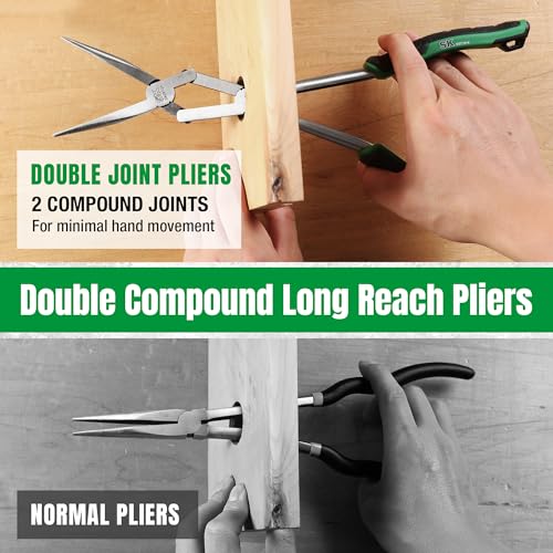 Image of SK 2-Piece Long Needle Nose Pliers, 13'' Double Compound Long Nose Pliers | Straight Long Reach Pliers, 45 Extra-long Bent Nose Pliers,Premium CR-V Steel, with Comfort Grips