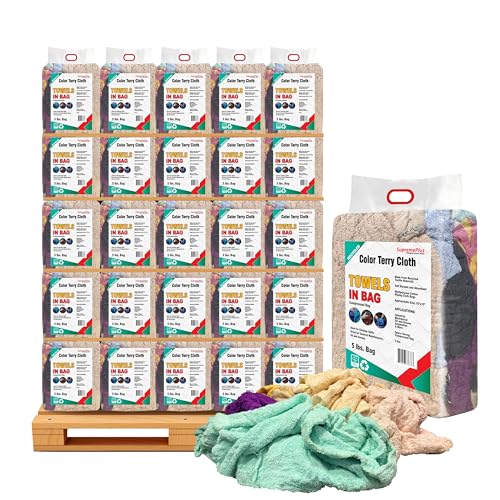 SupremePlus Recycled Color Terry Cloth Rags (600 lbs. Pallet - 120x5 lbs. Bag) - Super Absorbent Cotton Towel Cleaning Rags for Garage, Shop Cloths, Industrial Use & Housekeeping - Shop Cloths Bulk