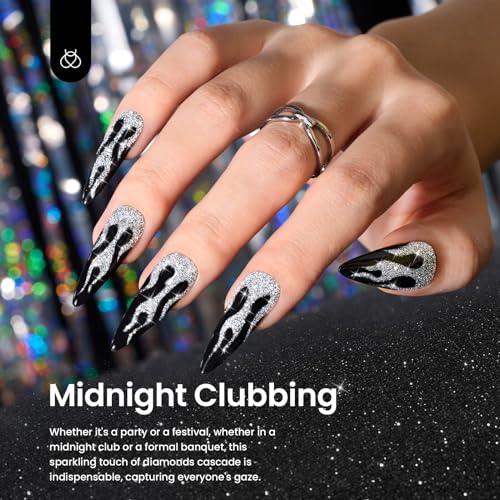 Image of Beetles Reflective Glitter Gel Polish, 2 Pcs Liner Gel Nail Polish Set Black Silver Nail Art Glitter Soak off Uv Lamp Manicure Diamond Shinning Liner Nails Art Design Gifts for Women