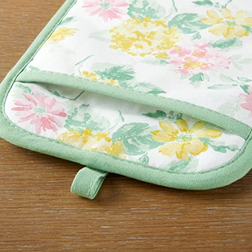 Martha Stewart Amber Floral Oven Mitt & Pot Holder Set 2-Pack, Pink/Yellow, Om: 7"X13" & Ph: 7"X10" #TOP2
