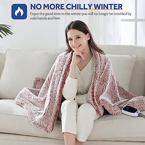 Sealy Electric Blanket Heated Throw 50"x60" Soft Double Sherpa Super Cozy with 6 Fast Heating Levels & 2-10 Hours Auto-Off, Over-Heat Protection, Machine Washable, Rust Red