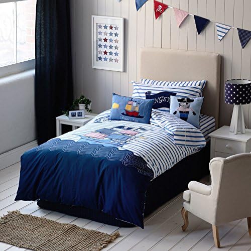 Auvo Kids Bedding Set, Pirate Ship Stripe Nautical Themed Boys Duvet Cover Sets (Twin, 4 Pieces)