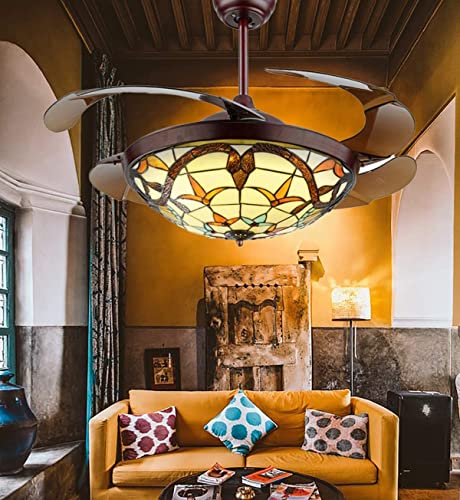Panda Lighting 42" Tiffany Style Ceiling Fan with Light Indoor, Retractable Blades LED Chandelier Fan, 3 Color/3 Speed Classic Ceiling Fans Lighting Fixture with Remote Control for Dining Living Room
