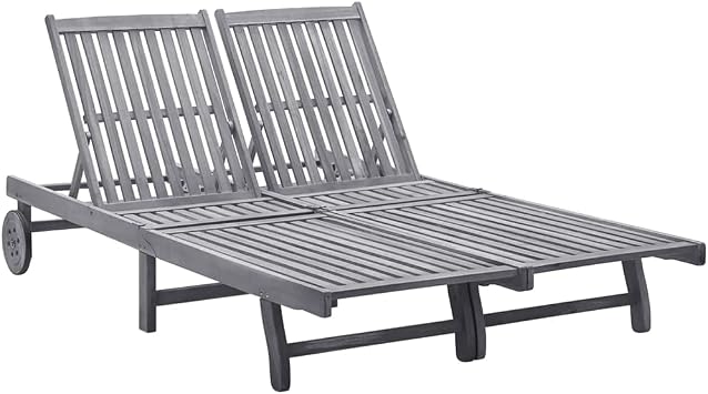 2-Person Sun Lounger Solid Acacia Wood, Sunbathing Recliner, Comfortable Patio Sun Lounger Chair with Adjustable Backrest for Outdoor Relaxation