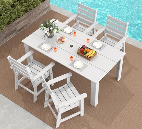 Image of GREENVINES 5-Piece Outdoor Dining Set | HDPE | Patio Table and Chairs Sets for 4 | Patio Furniture | All Weather | Umbrella Hole | White | for Backyard Poolside Garden
