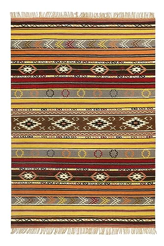Kelim Teppich aus Bester Wolle, nachhaltig, handgewebt, Naturfaser Teppiche geeignet für Wohnzimmer, Schlafzimmer, Flur, Esprit Home (80 x 150 cm, Braun Gelb Bunt)