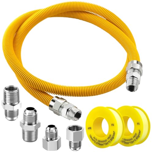 Puxyblue [2026 NEW] 48 Flexible Gas Line Kit for Dryer Stove Range Flexible Stainless Steel Gas Dryer Kit - 5/8 OD(1/2 ID) Dryer Gas Line with Connector 3/4 FIP & 1/2 MIP & 3/4 MIP Fitting