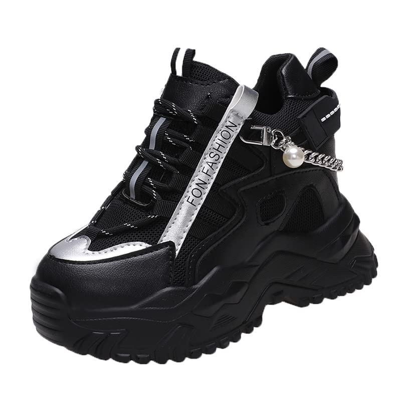 High Platform Shoes Women Chunky Sneakers Chain Thick Sole Leather Shoes Breathable Sneakers