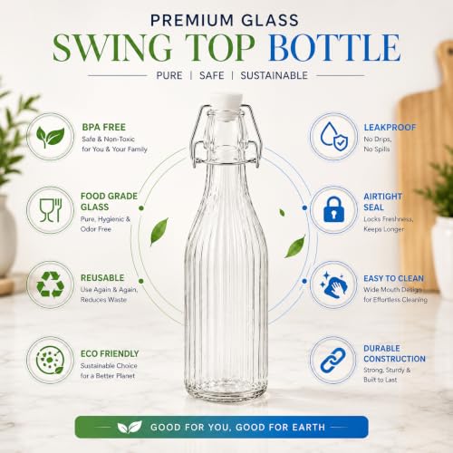Image of Clear Glass Bottles with Airtight Swing Top Lids - Leakproof Reusable Glass Jars for Juices, Oil, Water, Kombucha, Milk, Vinegar, and Beverages (CLEAR, 550ML WATER BOTTLE)