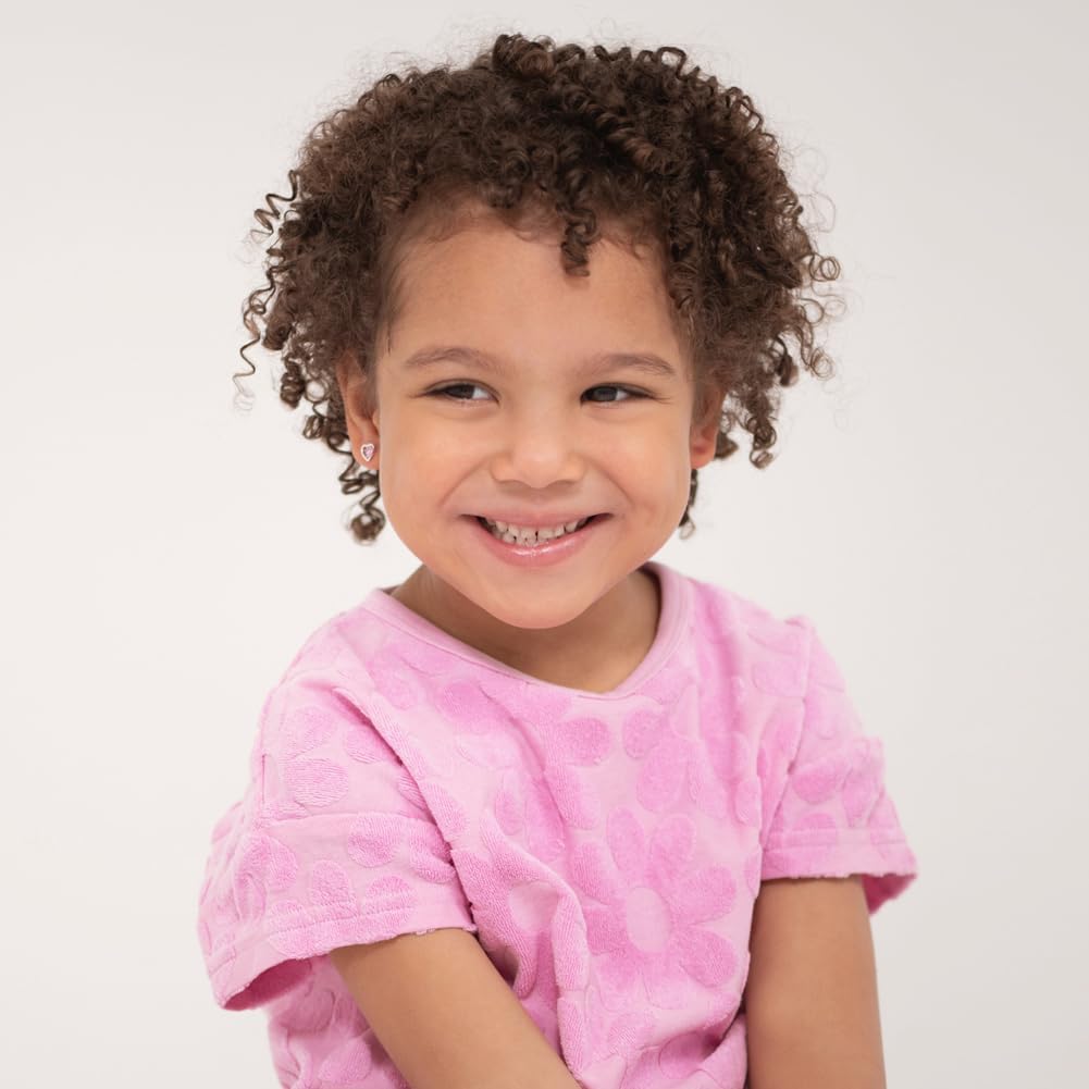 925 Sterling Silver 4mm Heart & Flower Screw Back Earrings for Children with Pink Cubic Zirconia Stones - For Little Girls, Toddlers & Preteens - Image 2