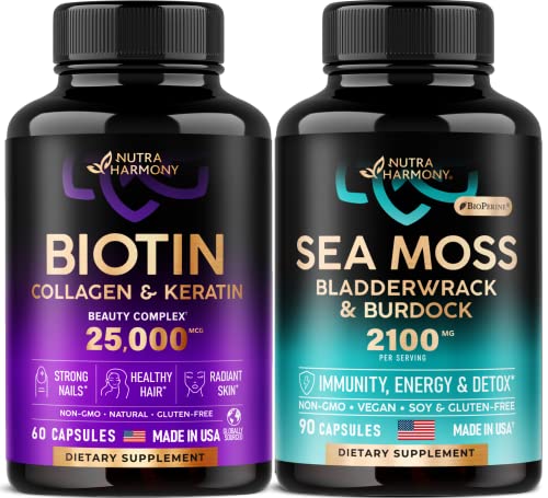 Biotin With Collagen And Keratin & Organic Sea Moss Capsules - Hair Growth Supplement For Women & Men - Healthy Nails, Skin - Immunity, Energy, Detox Support - Bladderwrack, Burdock Root - Made In Usa #TOP5