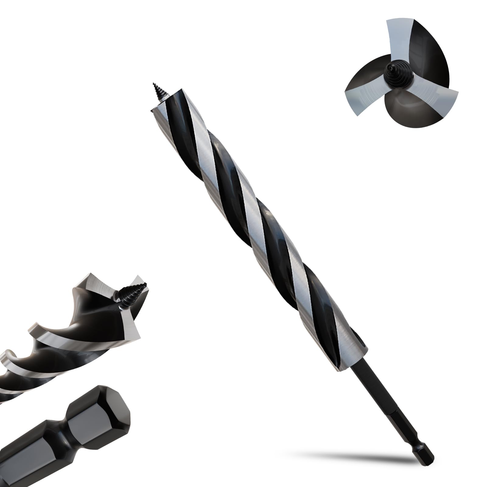 METOTY 18mmx230mm Auger Drill Bit Extra Long Drill Bits,6.35mm Hex Shank for Wood with Quick Change - 3-Cutter Design with Dual-Flute for Fast Chip Removal, Fits Hardwood, Softwood, PVC, Drywall — image 1