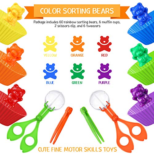 74 Pieces Counting Sorting Bears Sensory Bin Tools Fine Motor Skills Handy Scoopers Set Includes 60 Cute Rainbow Sorting Bears, 6 Jumbo Tweezers, 2 Scissors Clips and 6 Colorful Cups - Image 3