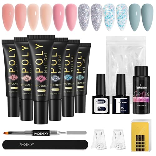 Phoenixy Kit Ongle Gel UV Complet 6 Couleur 15 ML avec Slip Solución Kit Ongle Gel Base Coat Top Coat Poly Extension Nail Art pour Débutants