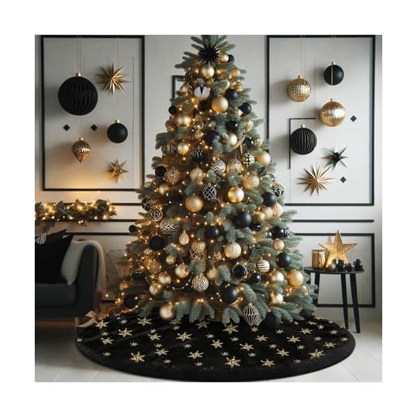   yuboo-Black-and-Gold-Christmas-Tree-Skirt-48-inches-Faux-Fur-with-Sequin-Snowflakes-Fluffy-Furry-Tree-Rug-for-Black-Gold-Christmas-Tree-Ornaments-Decorations