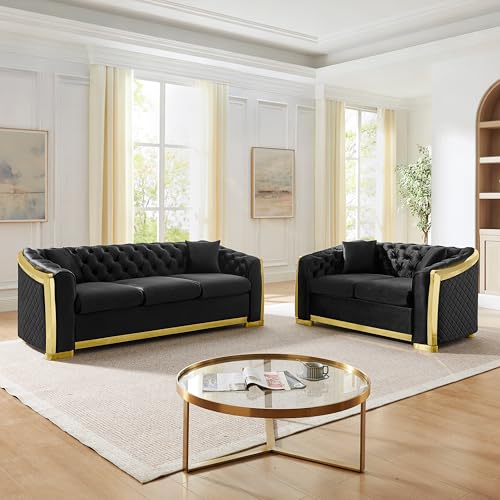 Image of KEIKI 2-Piece Luxury Chesterfield Sofa Set with 1 Velvet 3-Seater Sofa & 1 Loveseat Sofa, Italian 5-Seater Couch Set with 4 Pillow, Gold Stainless Decoration and Rolled Arms, for Living Room, Black