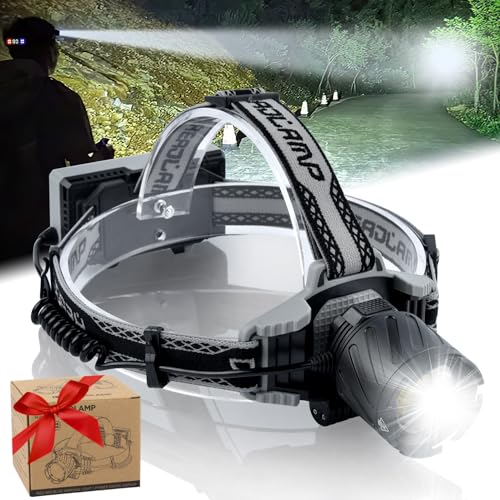 LED Headlamp Rechargeable,100000 Lumens Super Bright Headlight with 4 Modes,Zoomable,Digital Power Display,IPX6 Waterproof Headlamps for Adults with Warn Red Light for Camping,Running,Hiking