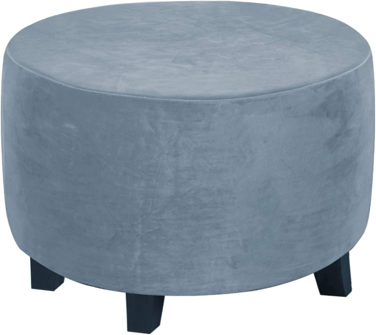 ADPON Velvet Plush Ottoman Cover,Super Stretch Round Ottoman Slipcover Washable Storage Stool Furniture Protector for Living Room (Large,Stone Blue)