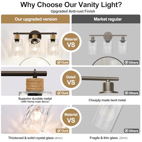 Image of MOKATNG Bathroom Light Fixtures, 3-Light Coastal Vanity Lights with Crystal Glass Shade, Oil-Rubbed Bronze Bathroom Wall Lamp for Mirror Kitchen Hallway Cabinet
