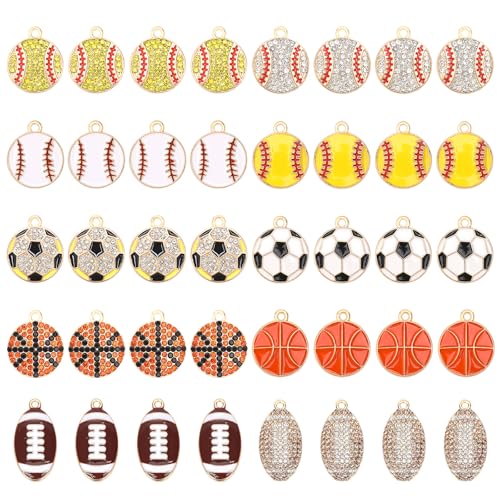 MARFOREVER Sports Charms, 40 Pcs/20 Pairs Enamel Sport Charms for Jewelry Making, Basketball Baseball Football Soccer Softball Ball Game Charm Pendants for Bracelet Necklace Earrings Making