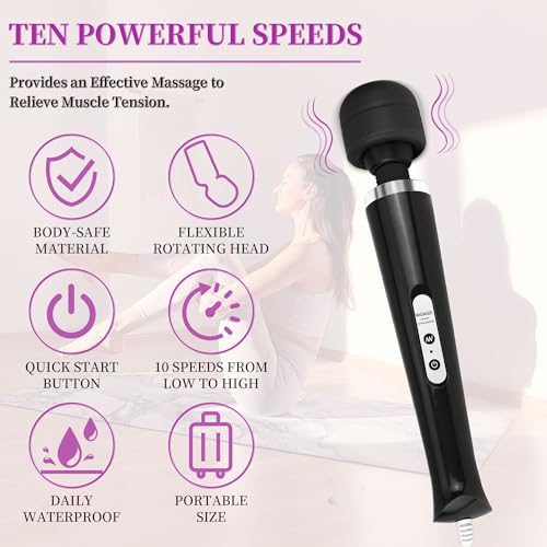 Image of Wired Wand Massager for Women, 10-Speed Electric Handheld Deep Tissue Massager, Powerful Plug-in Full Body Muscle Recovery Tool for Neck, Back, Shoulder & Foot Relief (Black)