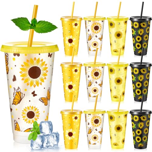 Uiifan 12 Pcs 24oz Sunflower Cups Party Favors, Sunflower Gifts for Women Mom Her, Reusable Plastic Tumbler with Lid and Straw, Birthday Party Decorations for Best Friend, Grandma, Sister, Bestie