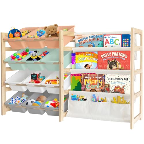 Image of EXPERLAM Toy Storage Organizer with Bookshelf - 12 Storage Bins 4-Tier Multipurpose Shelf to Organize Toys and Books for Kids Room, Playroom, Nursery Room, Multi-Color