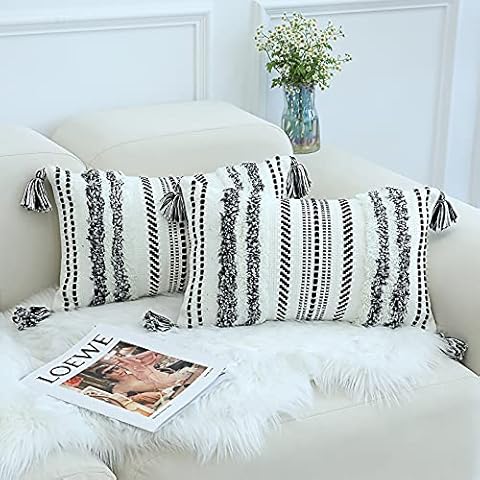 DecorUhome Fundas de Cojín Bohemias Negras con Borlas Cover
