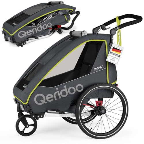 Qeridoo QUPA 1 Lime | Fahrradanhänger 1 Kind | Kinder Fahrradanhänger mit Blattfederung & Handparkbremse | Jogger Kinderwagen | Kinderfahrradanhänger | Kinderbuggy | Fahrrad Anhänger Kinder
