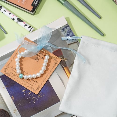 Y1tvei White + Blue Bride Bracelet - Something Blue Gift for Bride Bridal Shower Wedding Party Favors Pearl Bead Bracelet with Ribbon Bow Adjustable Chain Jewelry Accessory Proposal Gifts for Women4