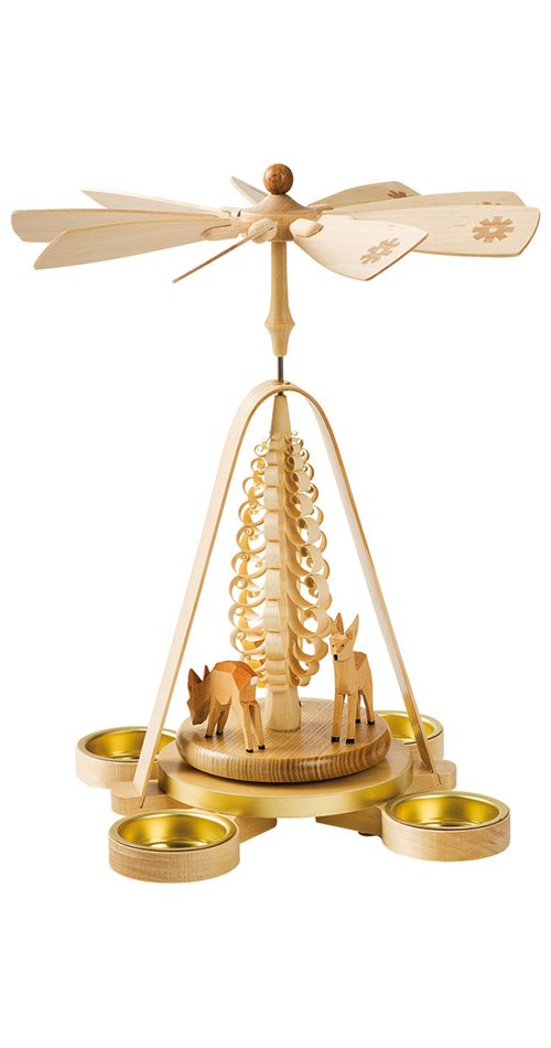 German christmas pyramid Deer, hand-carved, height 28 cm / 11 inch, natural with tealights, original Erzgebirge by Richard Glaesser Seiffen