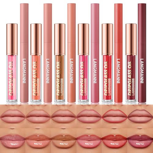 12 Pcs Hydrating Lip Oils + Lip Liner Pencil Combo Sets, Nude Lipliner Glass Lip Glosses Long Lasting Non-Fading Waterproof Lip Makeup Set Gift For Women