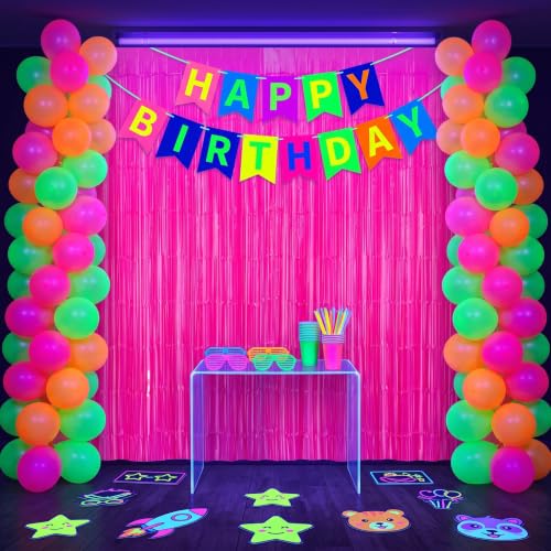 Image of TONIFUL 2Pcs Fluorescent Pink Metallic Tinsel Foil Fringe Curtain Streamer | 3.3ftx6.6ft Neon Pink Backdrop Door Streamer for Black Light Bachelorette Baby Shower Girls Birthday Glow Party Decorations