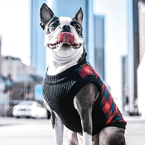 Image of Gooby Fashion Vest Check Dog Jacket, Navy Check, X-Small | Checkered quilted bomber, water-resistant; Stretch knit bottom; Dual D-ring leash; Pain-free zipper guard