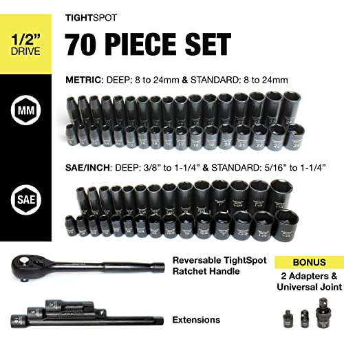 Image of TIGHTSPOT 1 /2 inch Drive 70pc Impact Socket MASTER SET with SAE & Metric from 5 /16 Inch - 1-1 /4 Inch, 8mm - 24mm, Standard /Deep Sockets with Extension Bars & Adapters & More