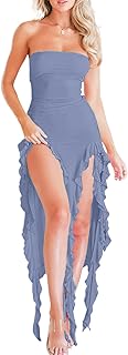 Women Summer Elegant Strapless Tube Midi Bodycon Dresses Irregular Ruffle Tassel Party Dress