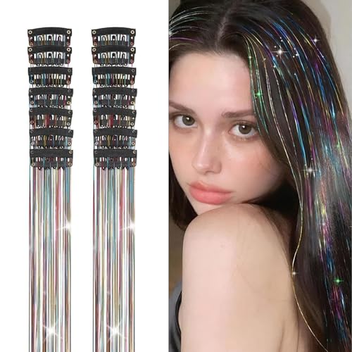 14 Stück Glitzer Haarsträhnen, Clip in Hair Tinsel für Damen, Glitzer Strähnen Haare, Sieben Farben Kreiere Verschiedene Frisuren, Geeignet für Cosplay und Partys